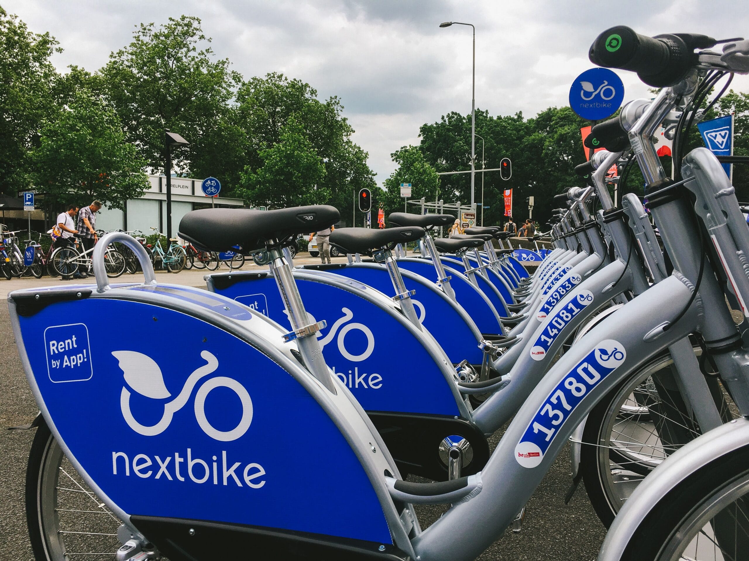 A row of nextbikes in cardiff city centre