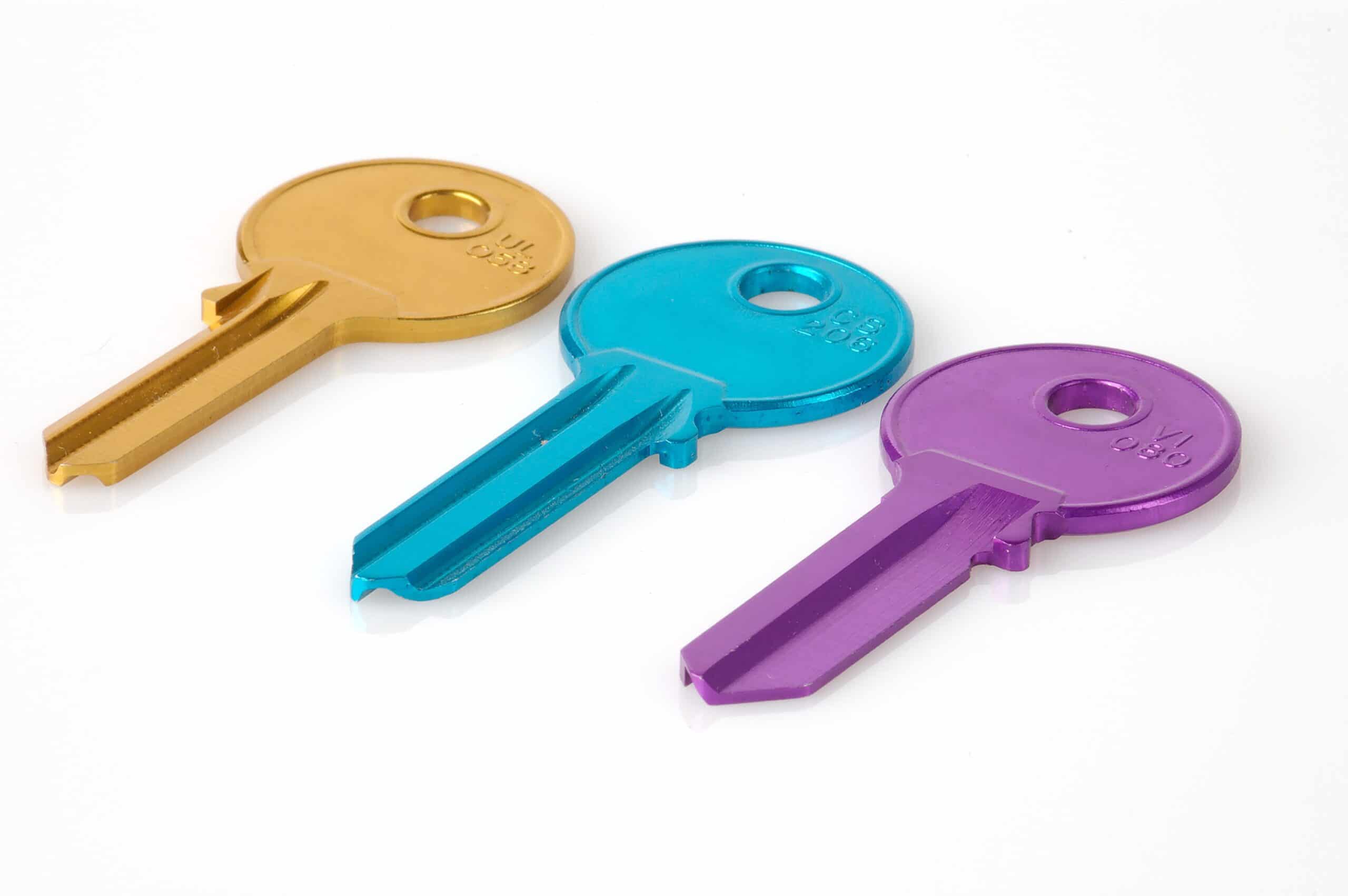 A now of brightly coloured metal keys