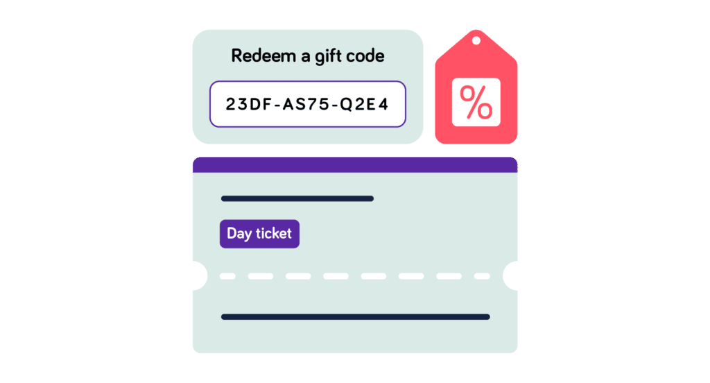 Illustration depicting a discounted journey ticket and a gift code being entered