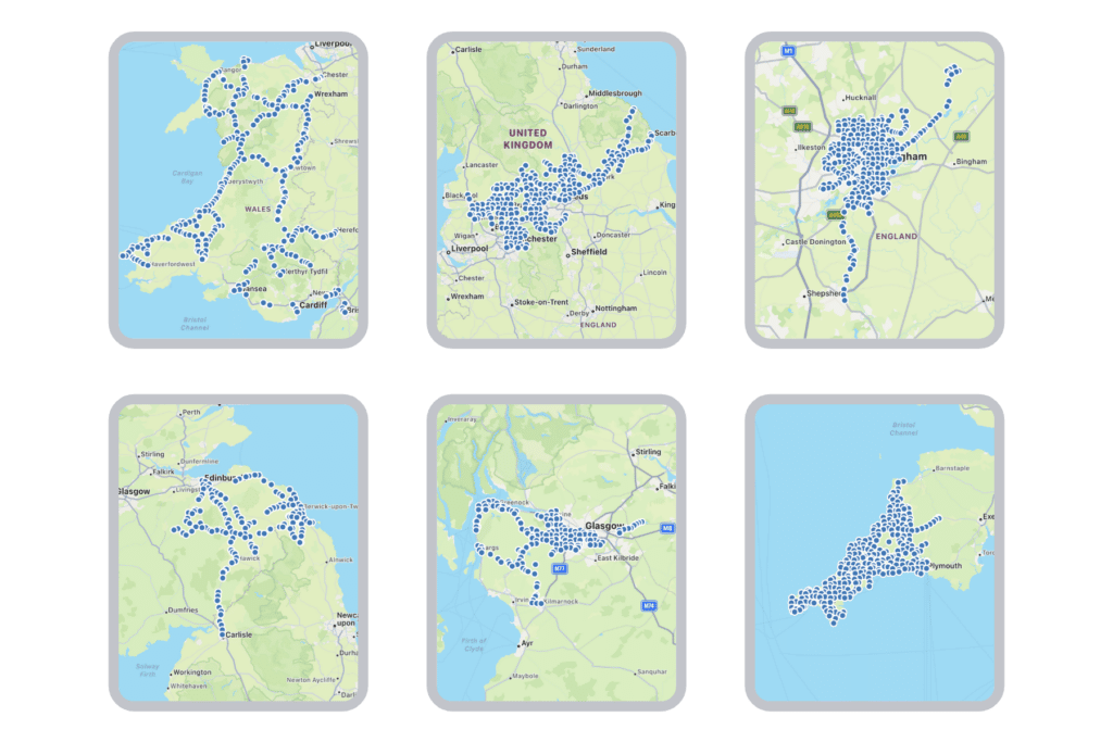 A grid of 6 maps showing bus stops of the following networks; Traws Cymru, Transdev, Nottingham City Transport, Borders Buses, McGill’s and Go Cornwall