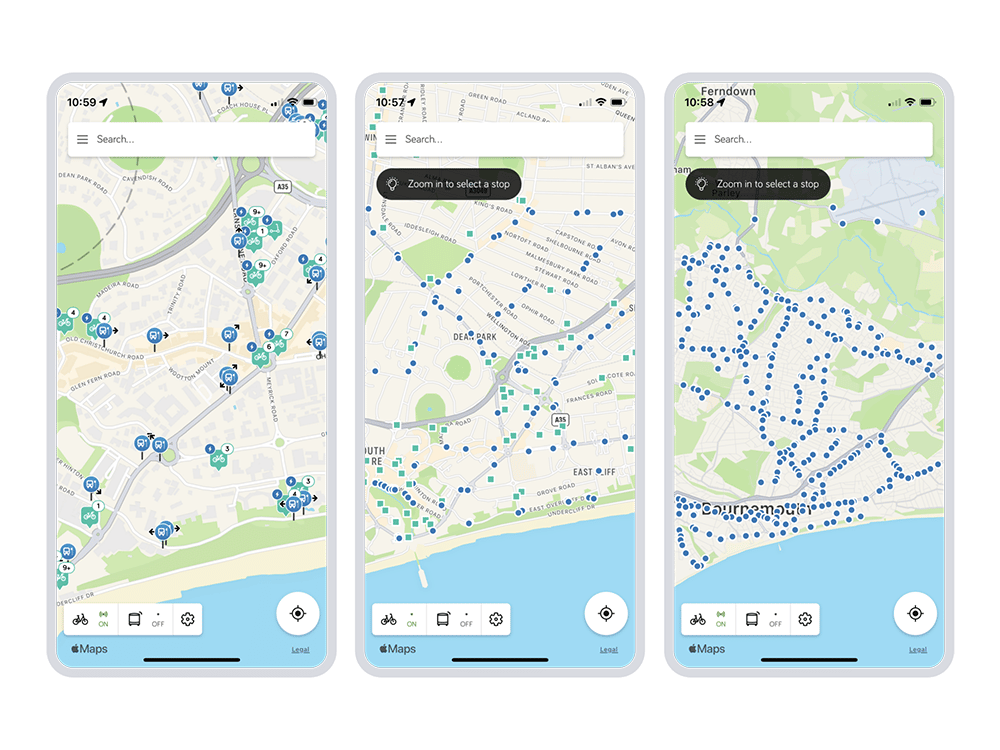 A row of 3 device screens showing the same operator network at different map zoom levels
