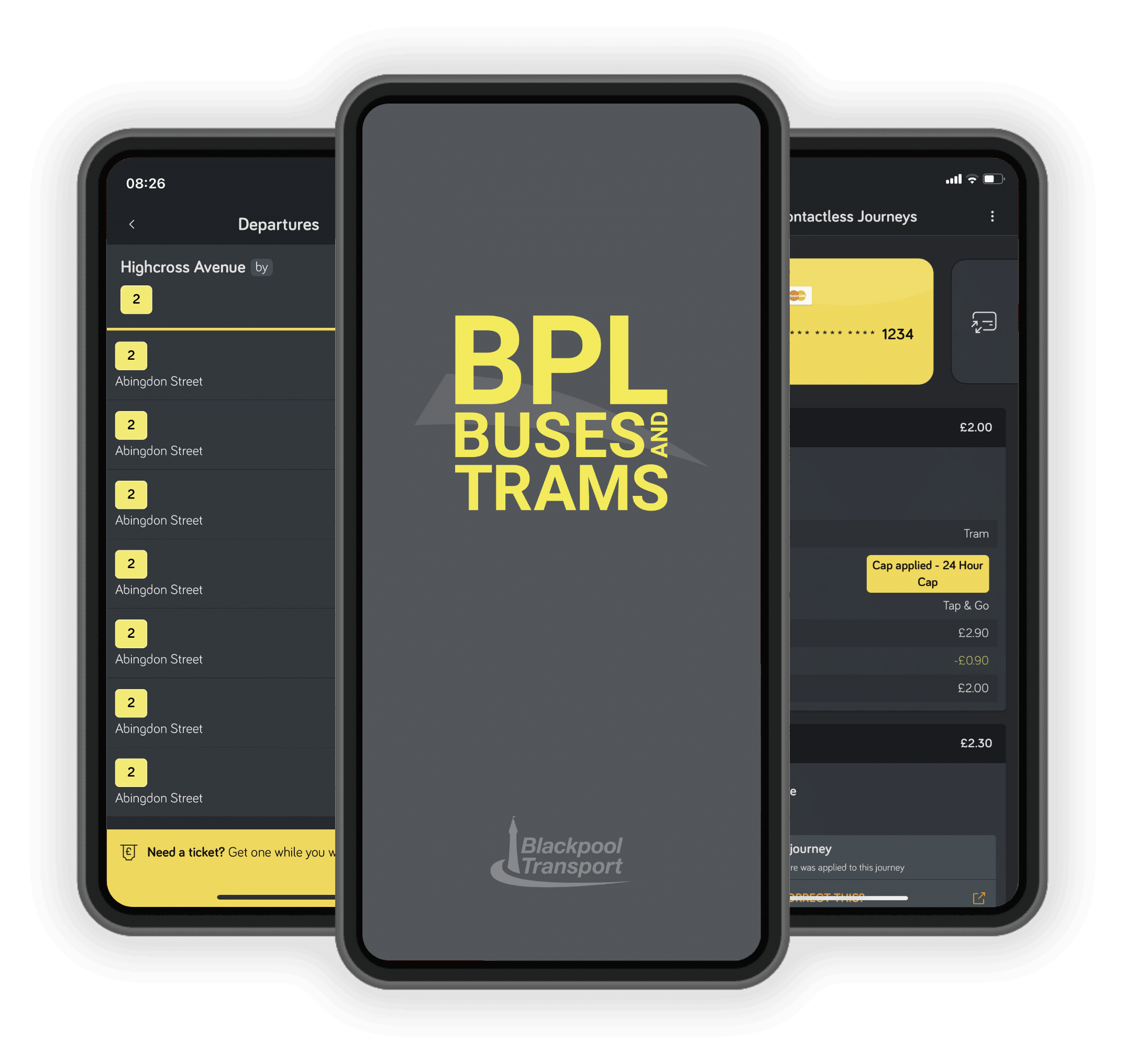 Blackpool Transport App screenshots; the splash screen, the departure board screen and the contactless journeys screen