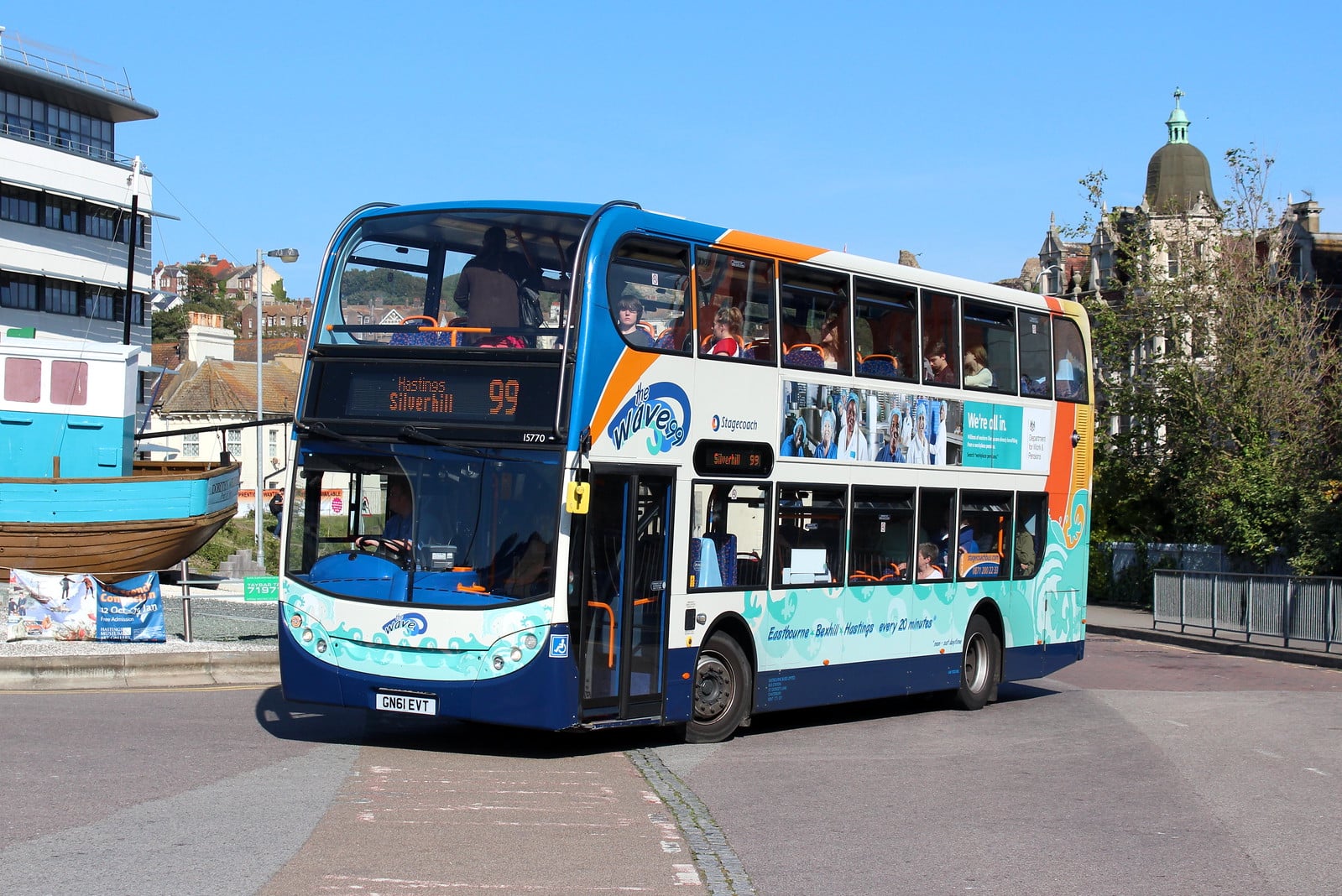 A route '99' double-decker Stagecoach bus with ‘Silverhill’ on the destination blind.