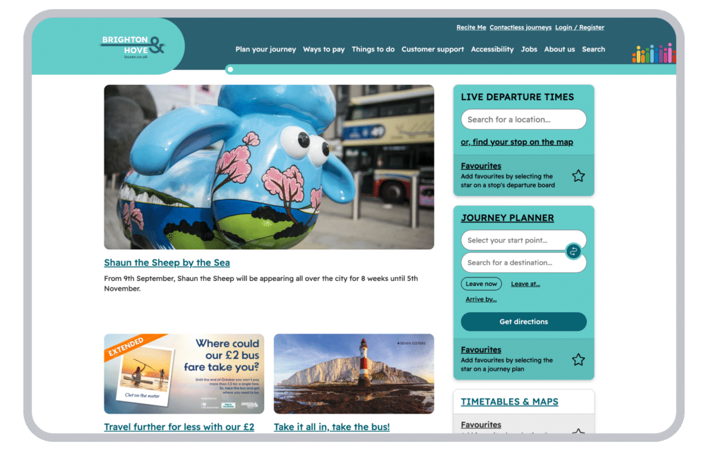 Screenshot of Brighton & Hove Buses' rebranded website homepage on desktop