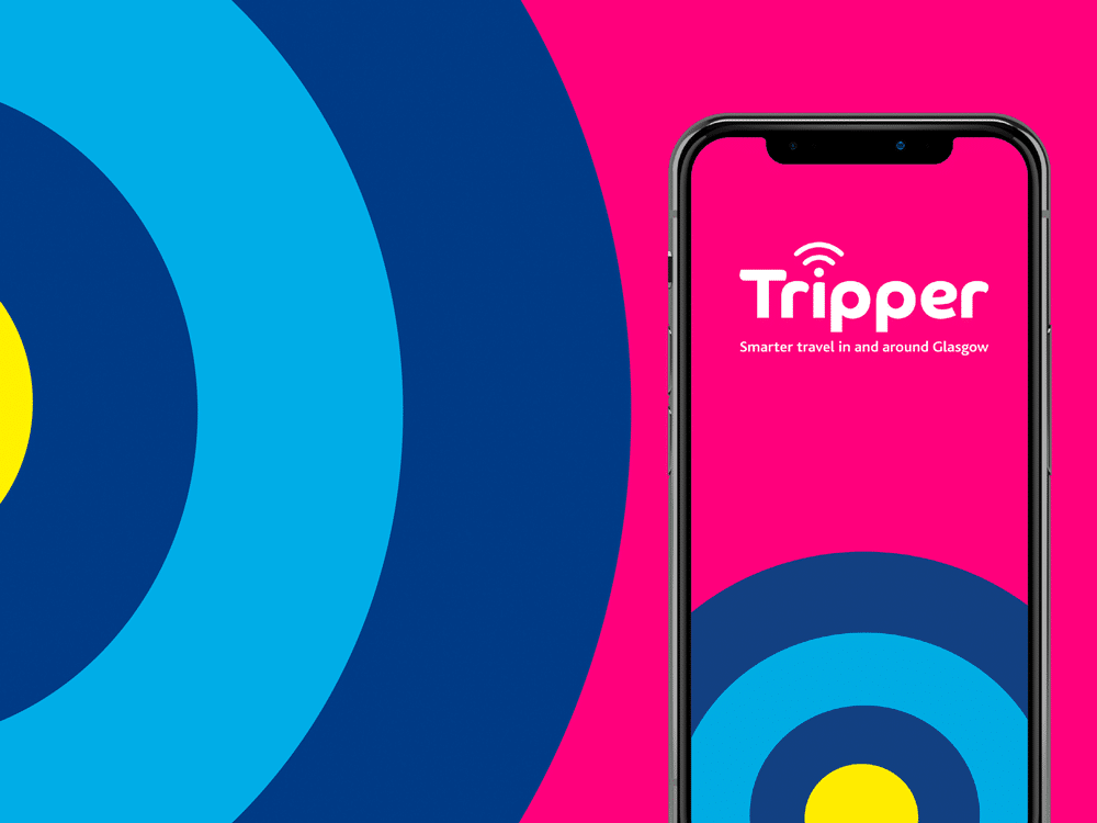 Glasgow Tripper illustration showing a mobile phone with the Glasgow Tripper logo on the screen