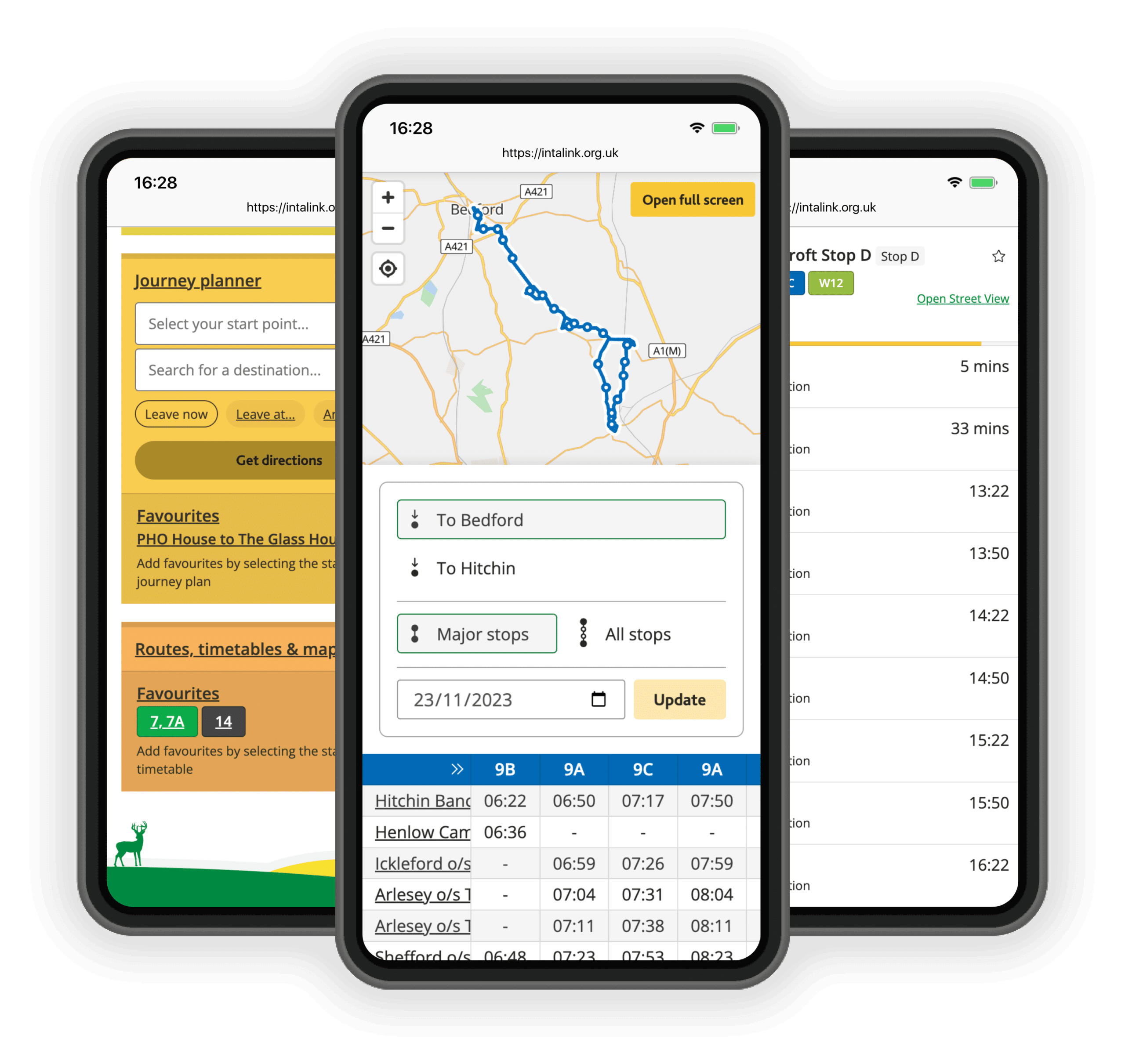 Intalink website screenshots; the homepage, the departure board screen and the timetables screen