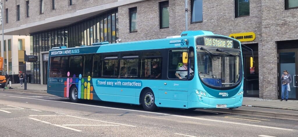 A Volvo B7RLE Wright Eclipse 2 bus wearing the new teal and turquoise livery of Brighton & Hove Buses