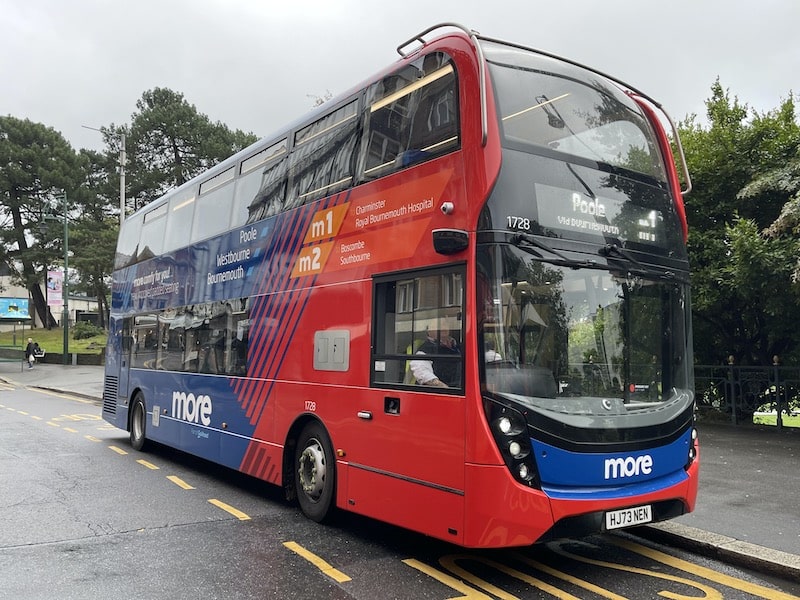 Double decker bus in Bournemouth Square, operated by Go-Ahead's Morebus
