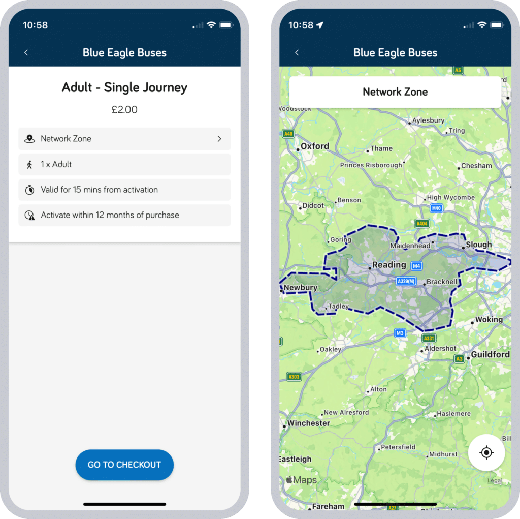 The Passenger app showing a ticket coverage area in the checkout flow.