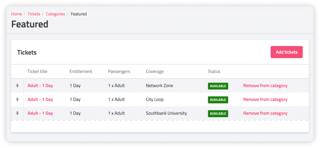Passenger Cloud ticket management tools showing ticket coverages for featured tickets