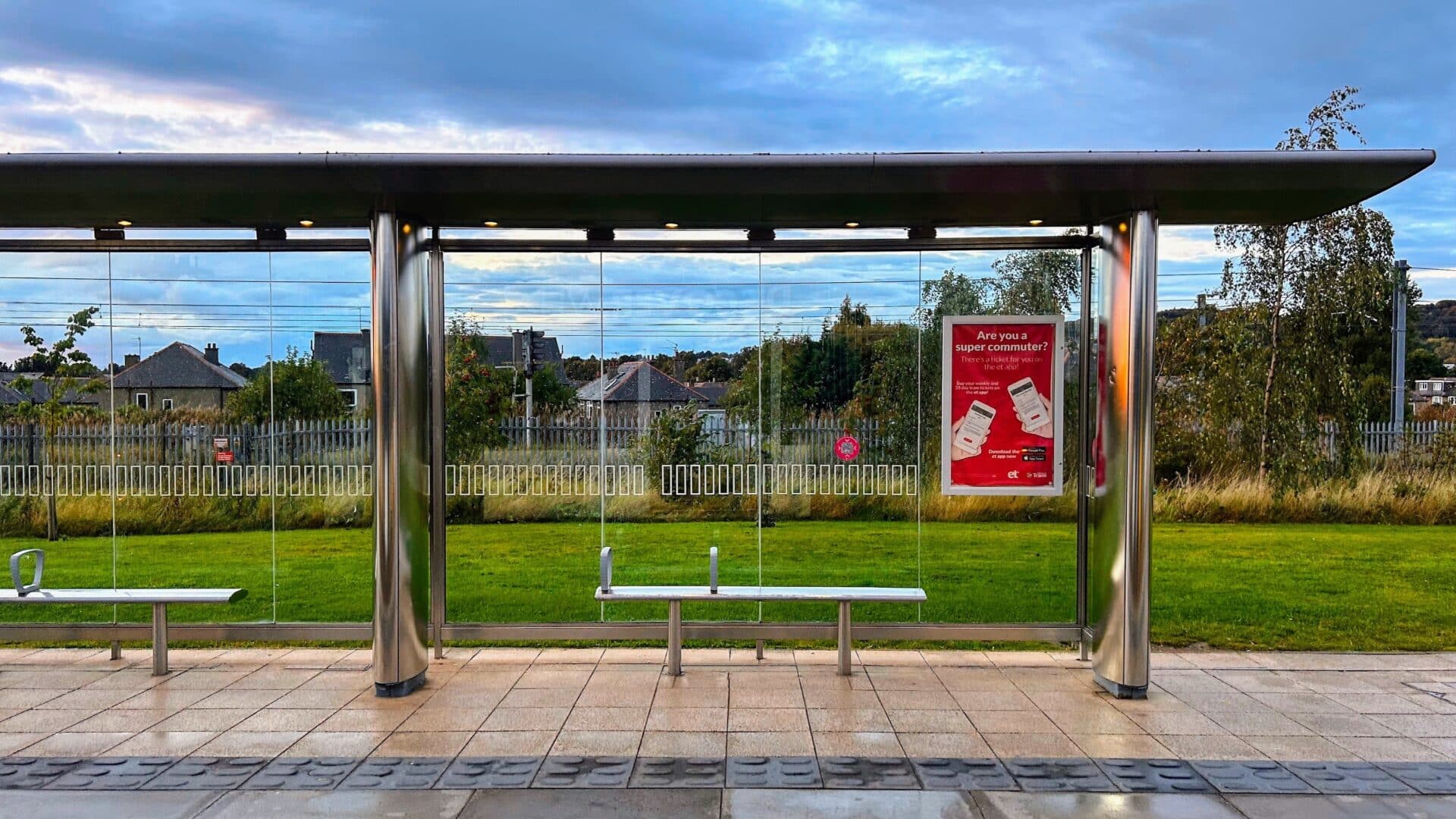 Edinburgh Park Station tram stop at Edinburgh Park business park displaying an ‘et app’ advert.
