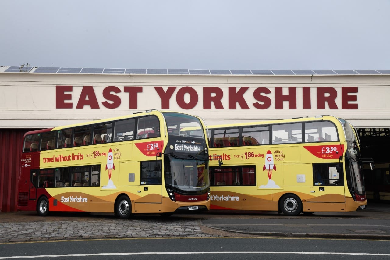 Two double decker buses outside an East Yorkshire depot