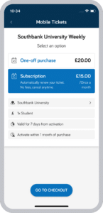 App screen showing ticket subscription option in the checkout flow.