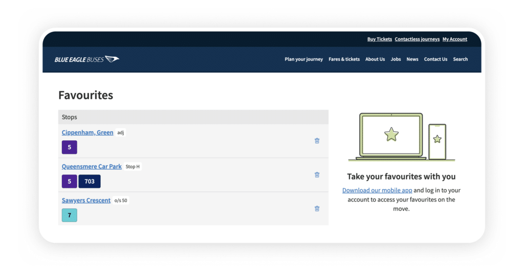 Blue Eagle Buses website shows favourite stops, and an option to sync these to the Blue Eagle Buses mobile app 