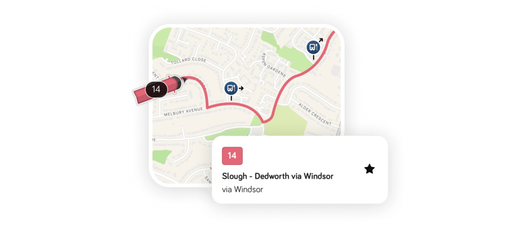 Illustration showing live bus tracking, with the route favourited