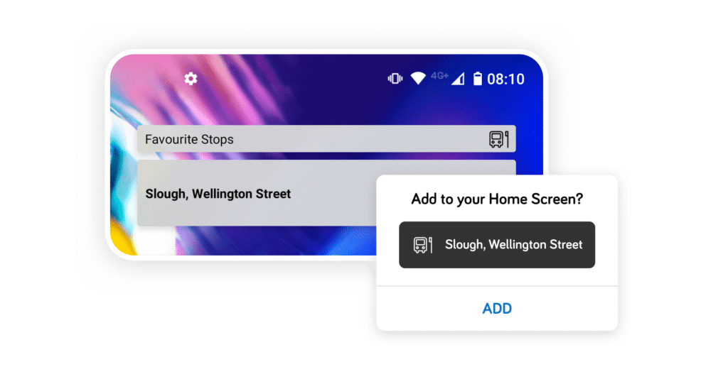 Illustration showing a favourite bus stop widget in action, and a button to add it to the device home screen