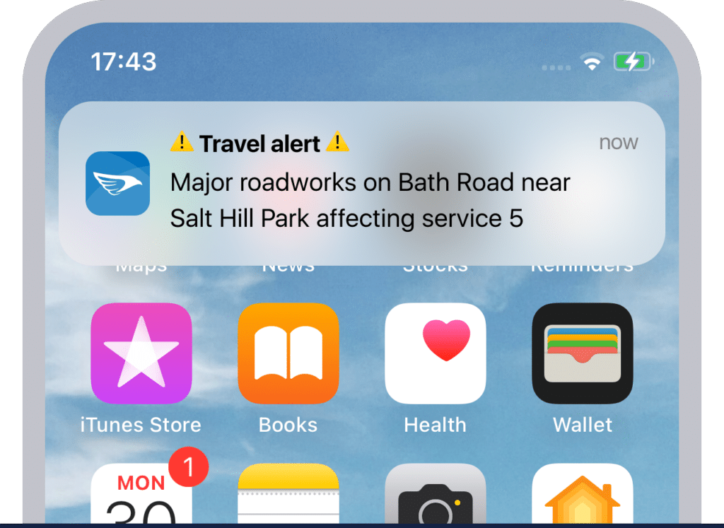 iPhone screen showing an example travel alert notification: “Travel alert - Major roadworks on Bath Road near Salt Hill Park affecting service 5”