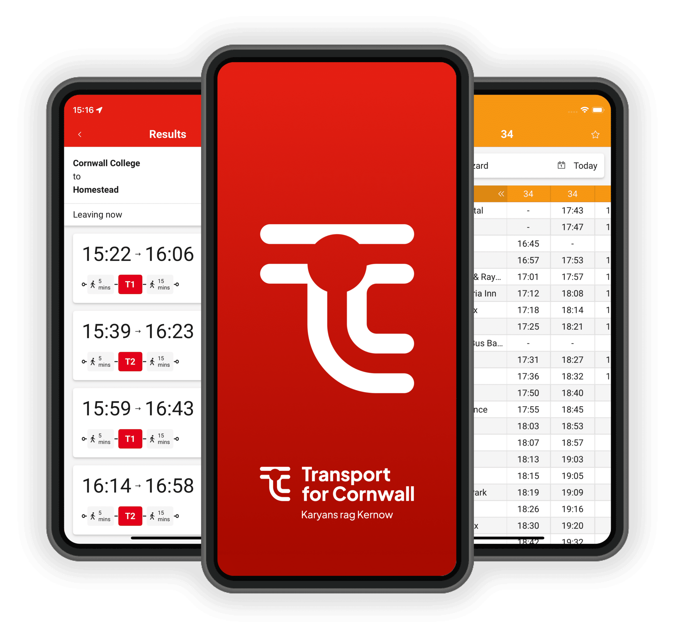 Three screens showing the Transport fro Cornwall mobile app