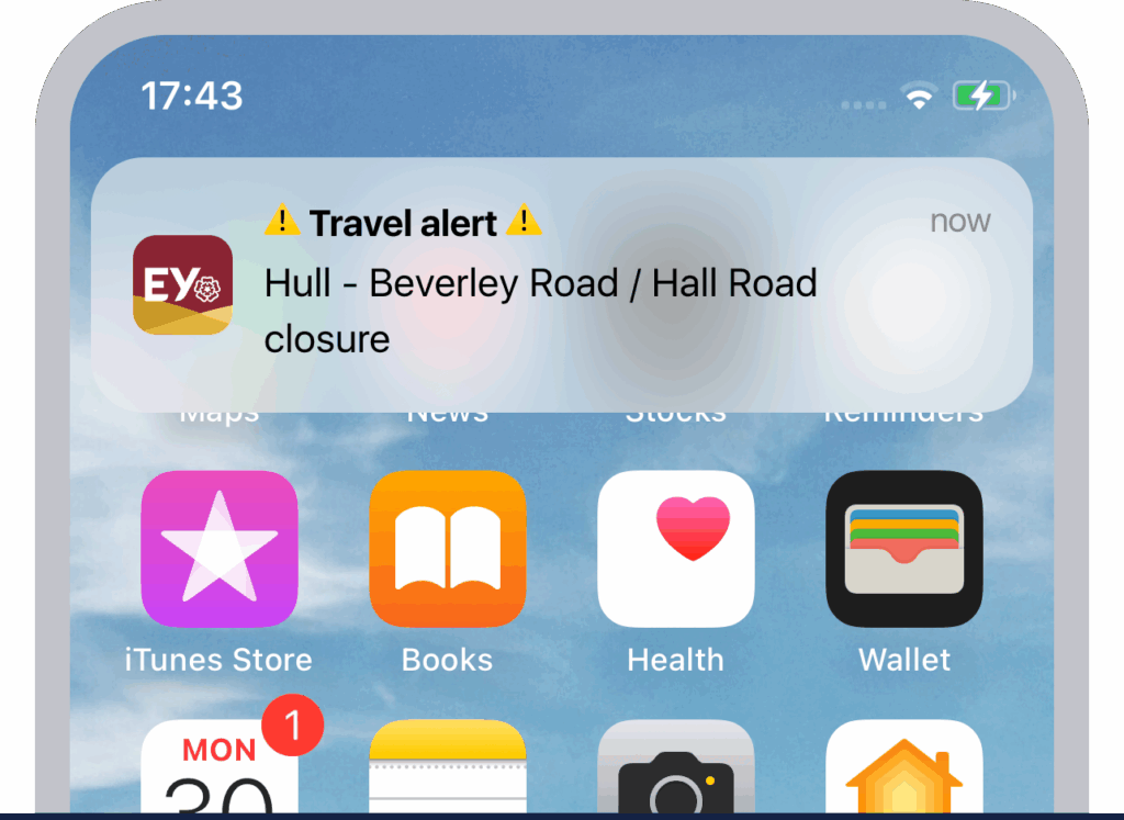 East Yorkshire personalised travel alert push notification shown on the home screen